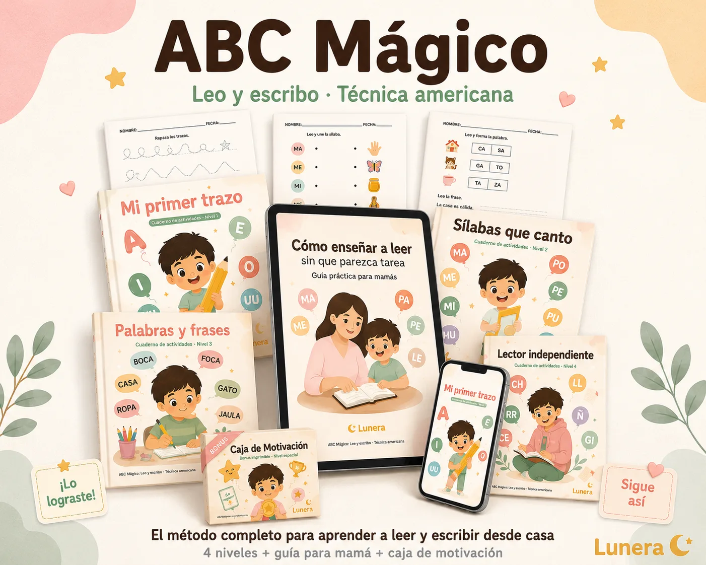 Kit ABC Mágico de Lunera, completo con guía para mamá y cuadernos por niveles